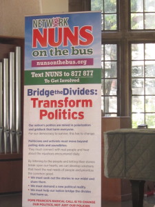 A vertical banner reading: The Nuns on the Bus, Bridge the Divides:  Transform Politics