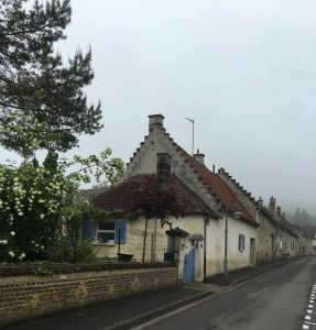 View on a misty morning on Rue des Croisettes, Trosly, France.