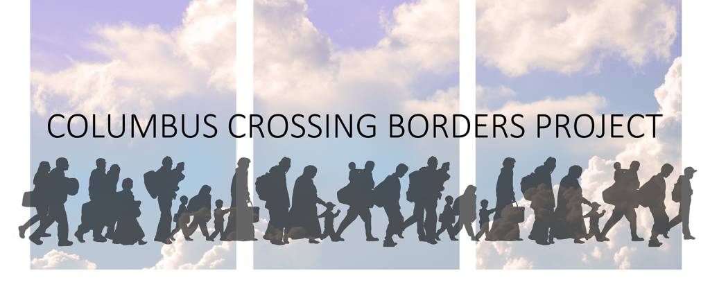 the logo for the Columbus Crossing Borders Project shows silhouettes of immigrants, men, women, and children, against a blue clouded sky. 