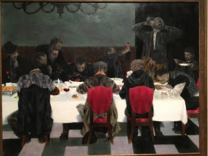 The oil painting "Supper" by Joseph Hirsch shows twelve homeless men, shabbily dressed, sitting and eating at an lavishly set table.