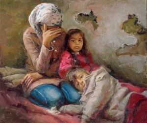 Oil painting, "Waiting" by Mark Gingerich, which shows a mother and two children, refugees waiting for a place to go