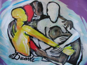 Abstract painting of people of all colors embracing