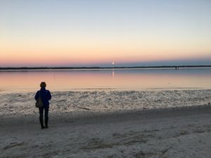 Silhouette of woman standing on bank of the York River, Virginia, watching the Super Moon rising